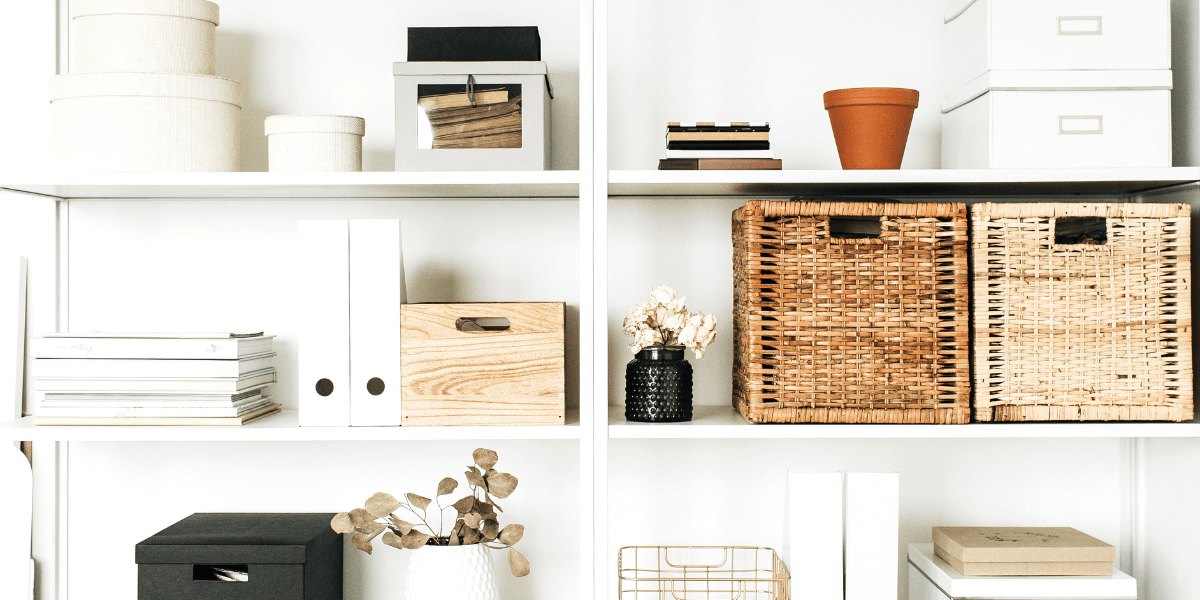 Home storage space with boxes, plants, and books | Renter Friendly Storage Hacks